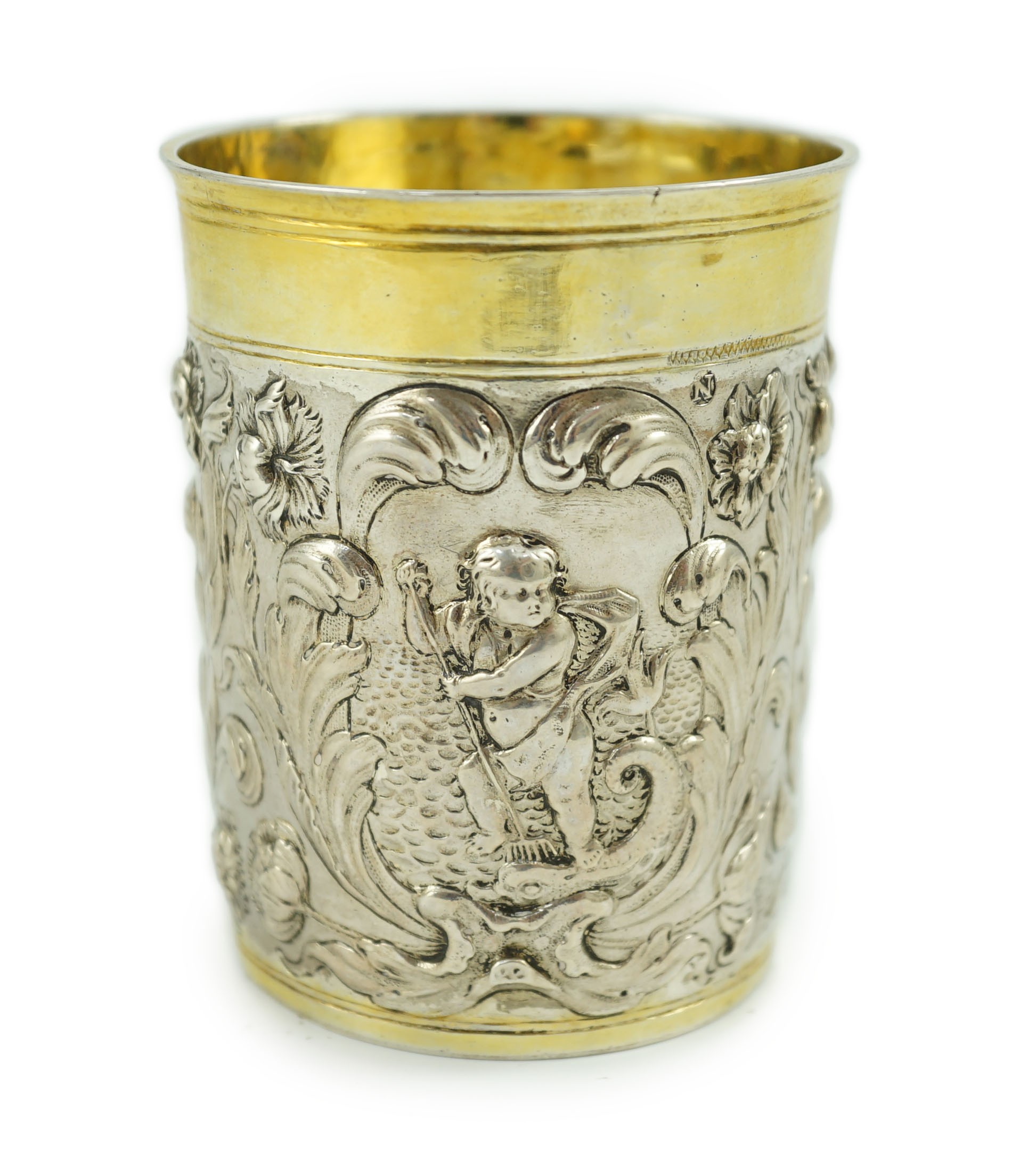 A late 18th century German embossed parcel gilt silver beaker, maker SBF
